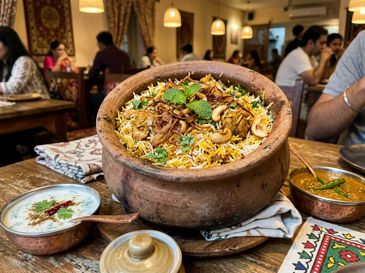 Aromatic Dum Biryani with saffron rice and caramelized onions