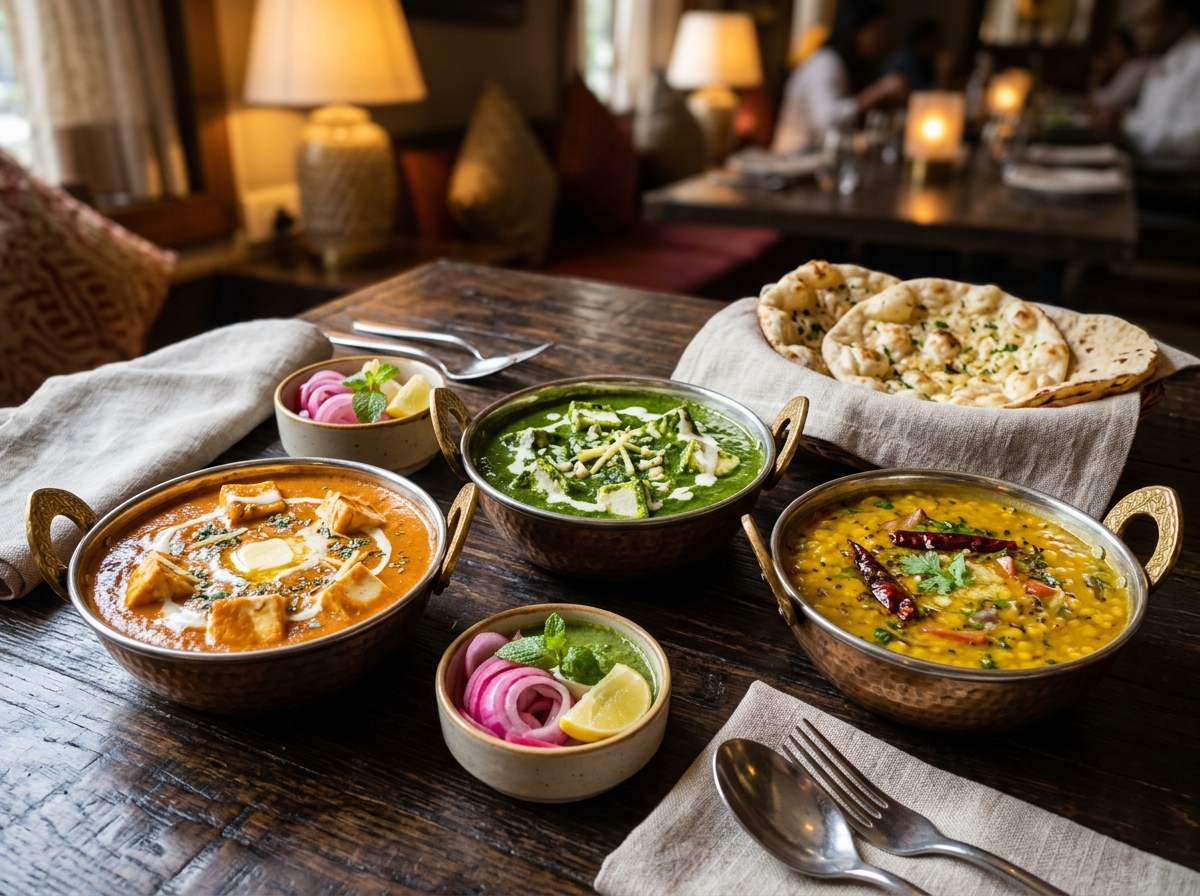 Vibrant vegetarian Indian specialties with fresh paneer and vegetables