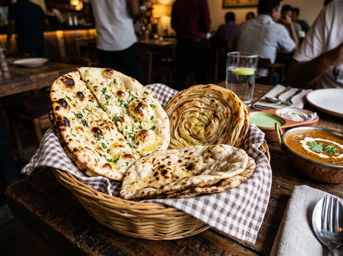 Basket of freshly baked garlic naan and tandoori rotis