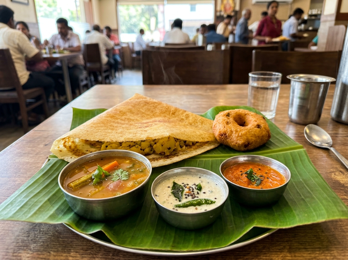 Golden crispy masala dosa on fresh banana leaf plate